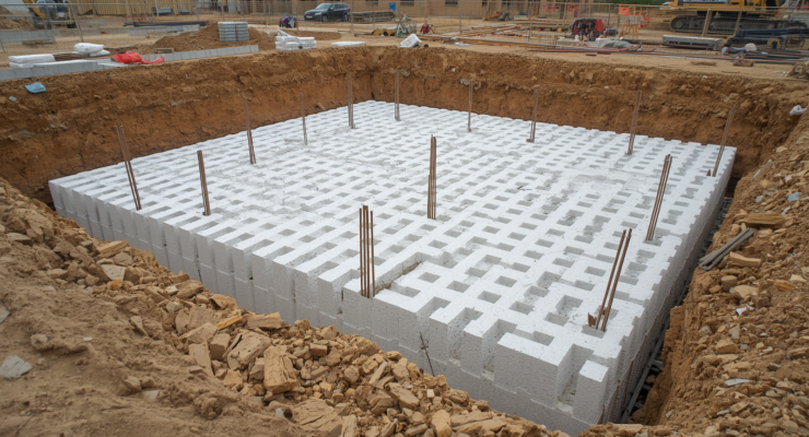 Construction site showing white EPS geofoam blocks installed as lightweight fill beneath a building foundation slab, with construction workers and equipment visible, civil engineering project