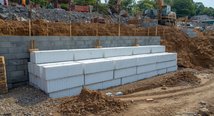 Construction site showing white EPS geofoam blocks stacked as backfill behind a retaining wall structure, with construction workers and equipment visible, civil engineering project